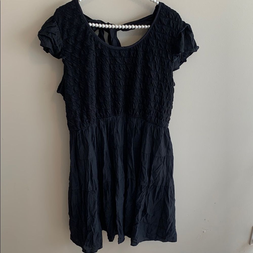 Oddy Smocked Dress 2XL Plus Size Black Tiered Open Tie Back Mini Poly Stretch